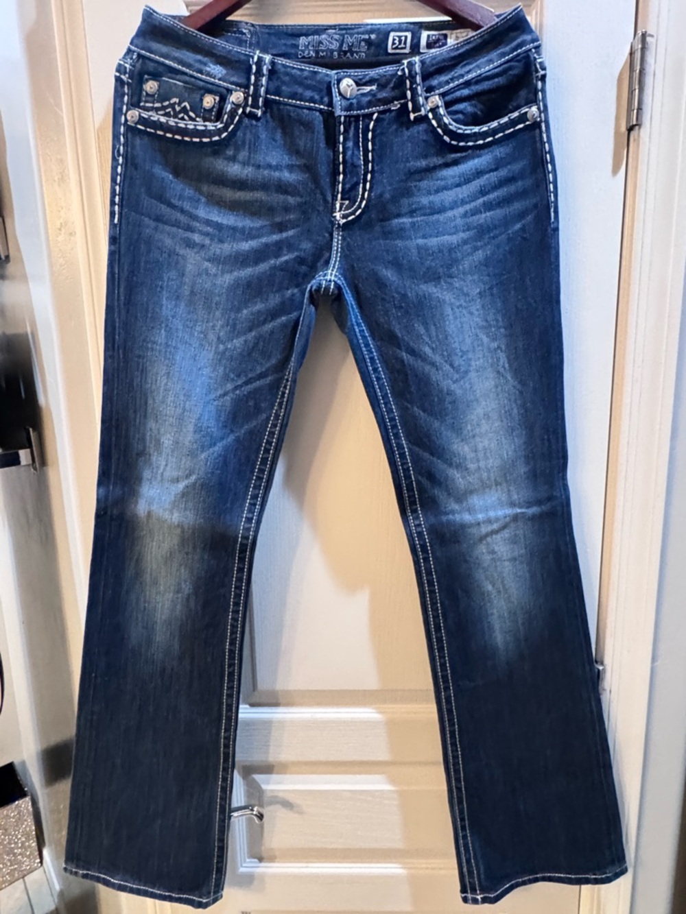 Miss Me Dark Blue Boot Cut Jeans with White Contrast Stitching